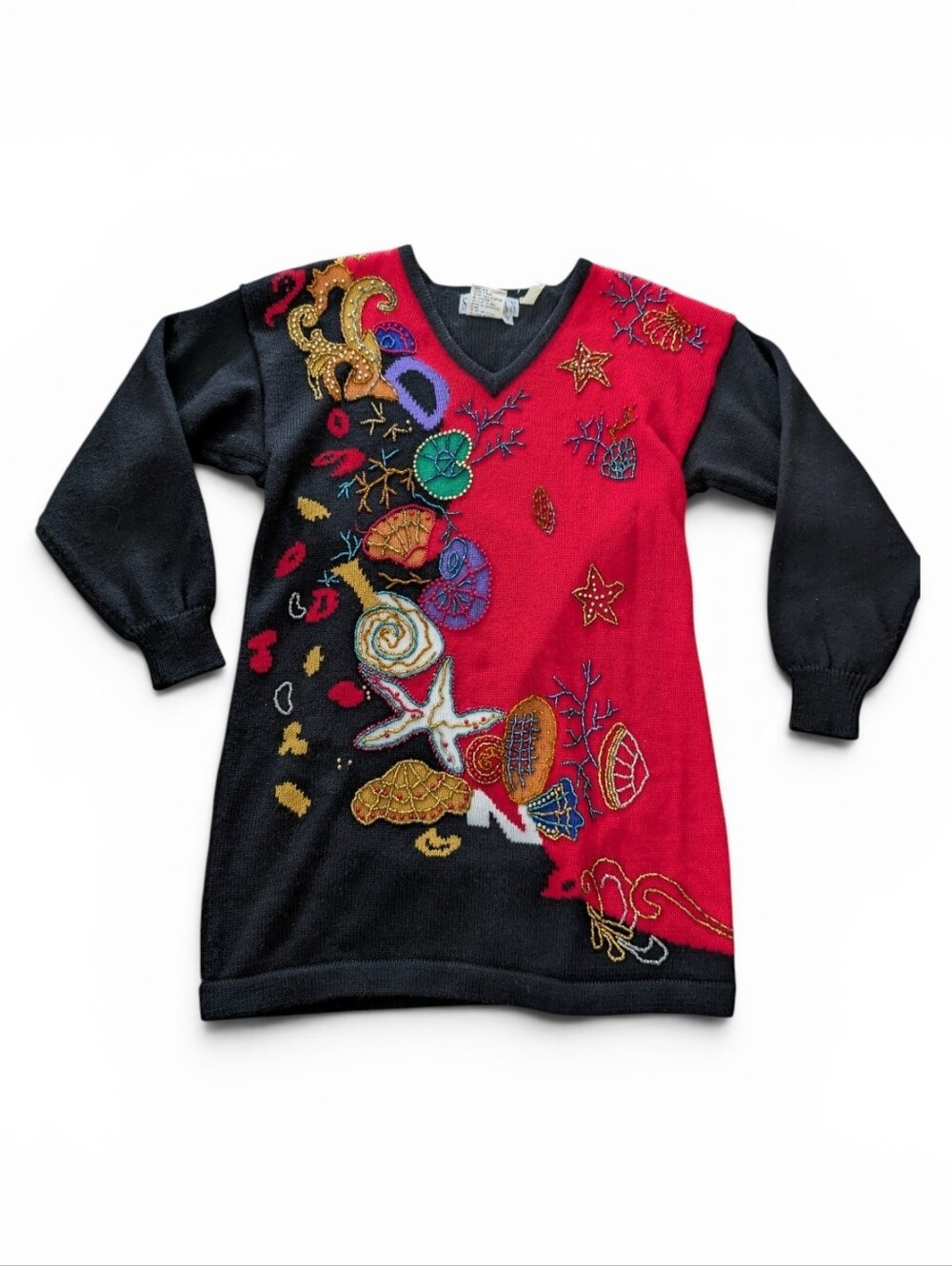 Vintage Beaded Black Sweater Red 80s 90s Glam Maximalist Statement Artsy Sea